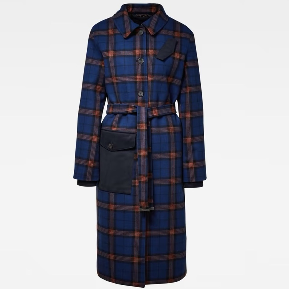 G-STAR // padded fieldcoat belted blue orange tartan plaid wool blend